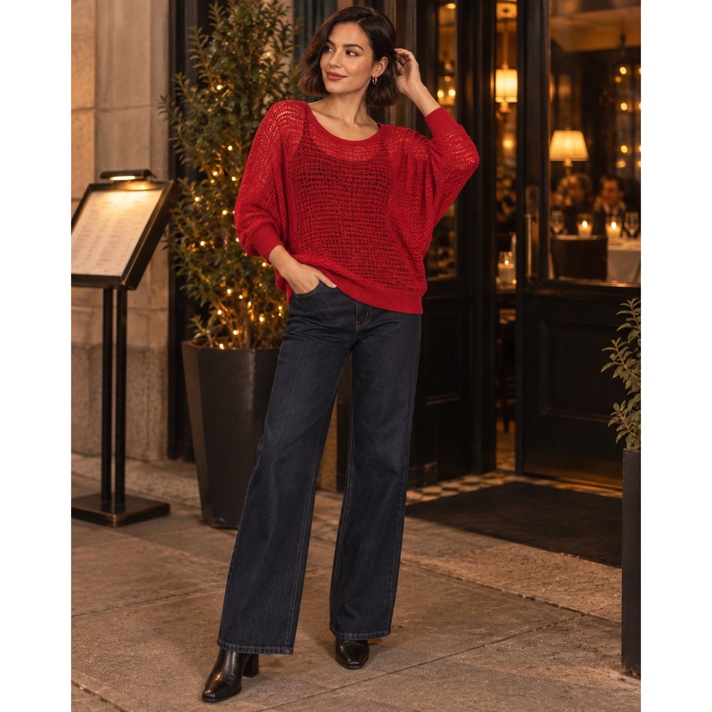 Jones New York Signature Medium Red Open Knit Dolman Sleeve Sweater